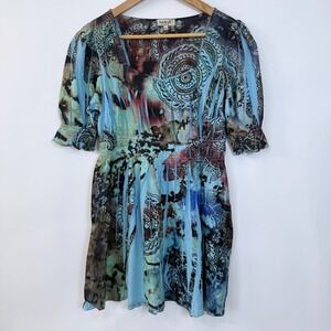 One World Tunic Top Size Small Blue Multi Print Ruffle Sleeve Hippie Boho Indie